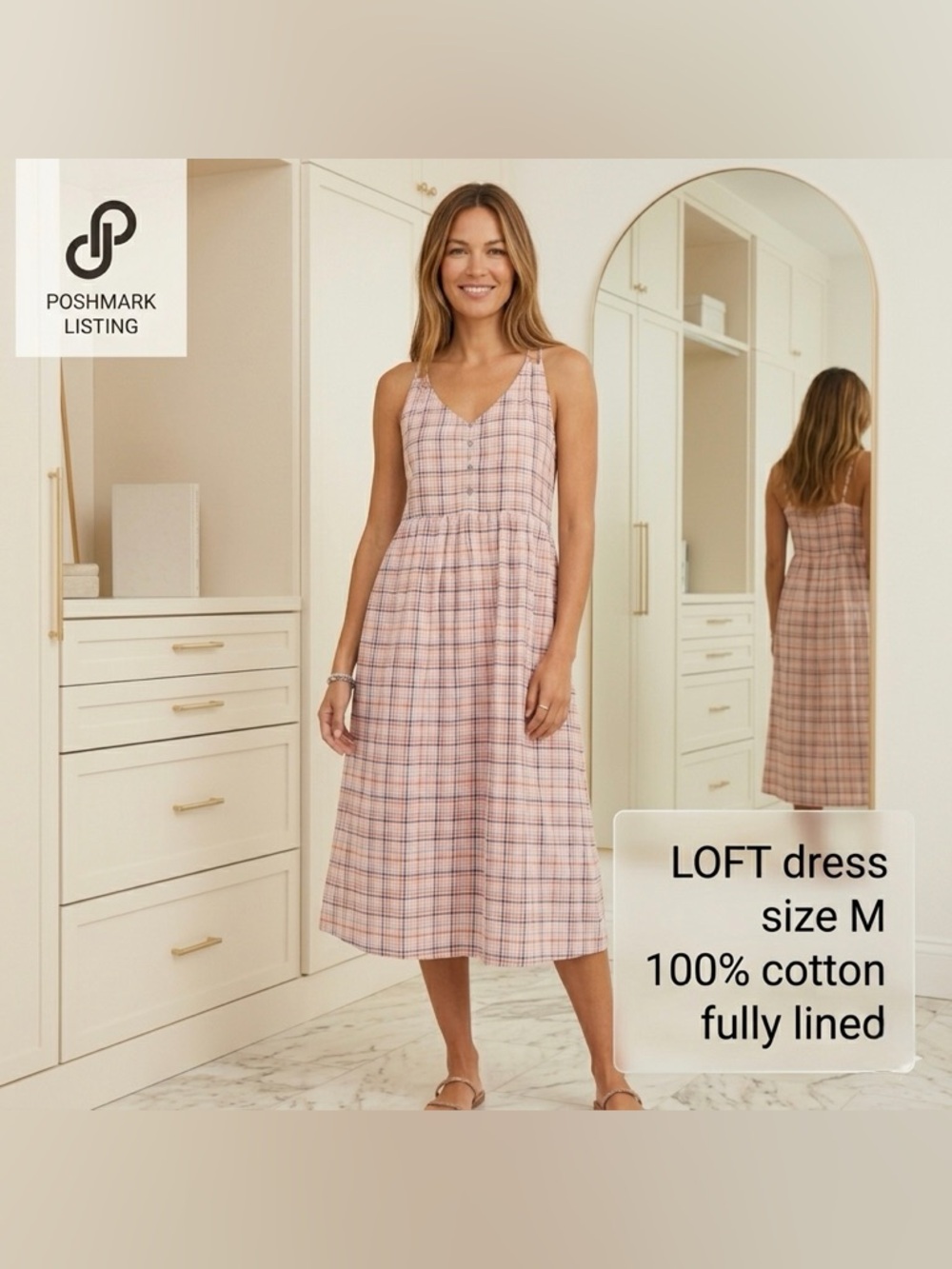 LOFT Plaid Midi Dress Size M 100% Cotton Fully Lined